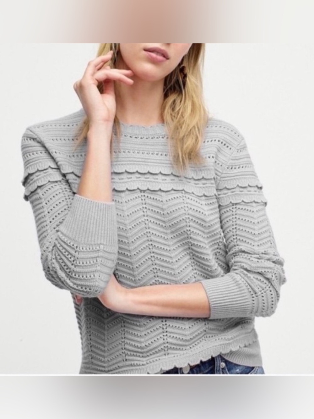 J. Crew  Scallop Crewneck Pullover Sweater Size Small Gray